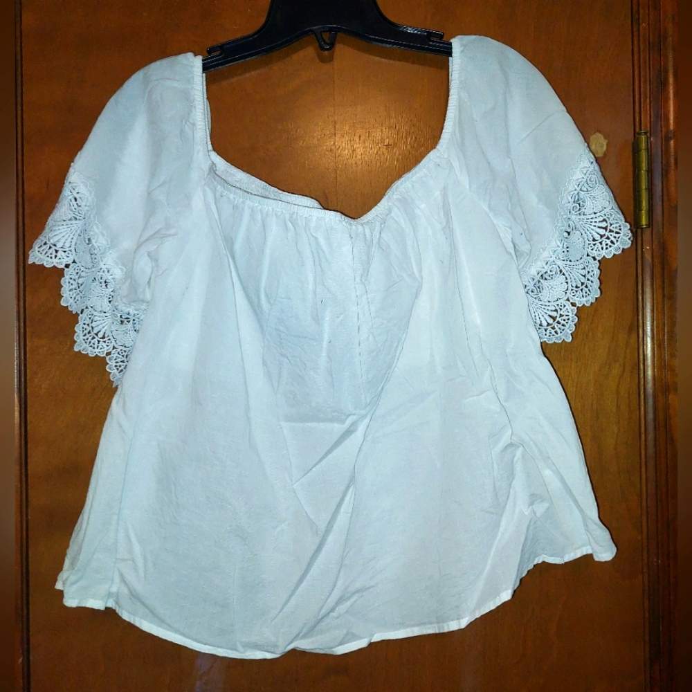 Express White Cotton Off the Shoulder Lace Sleeve Top